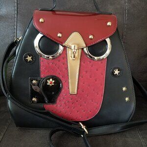 Owl Face Faux Leather Crossbody / Shoulder Bag Black Red Gold NWT